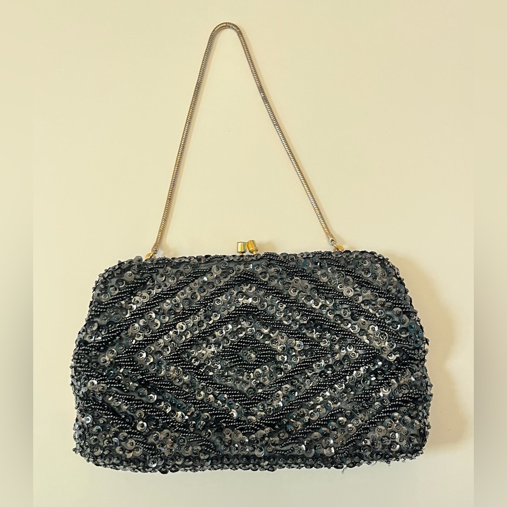Vintage Art Deco Black Beaded Sequin Clutch Purse Evening Bag Hong Kong